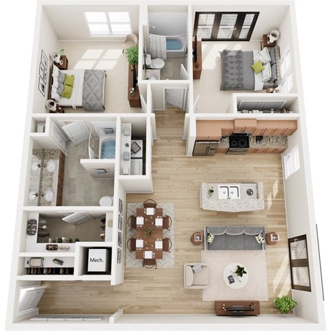 Floor plan for 2 beds, 2 baths, 1145 sqft